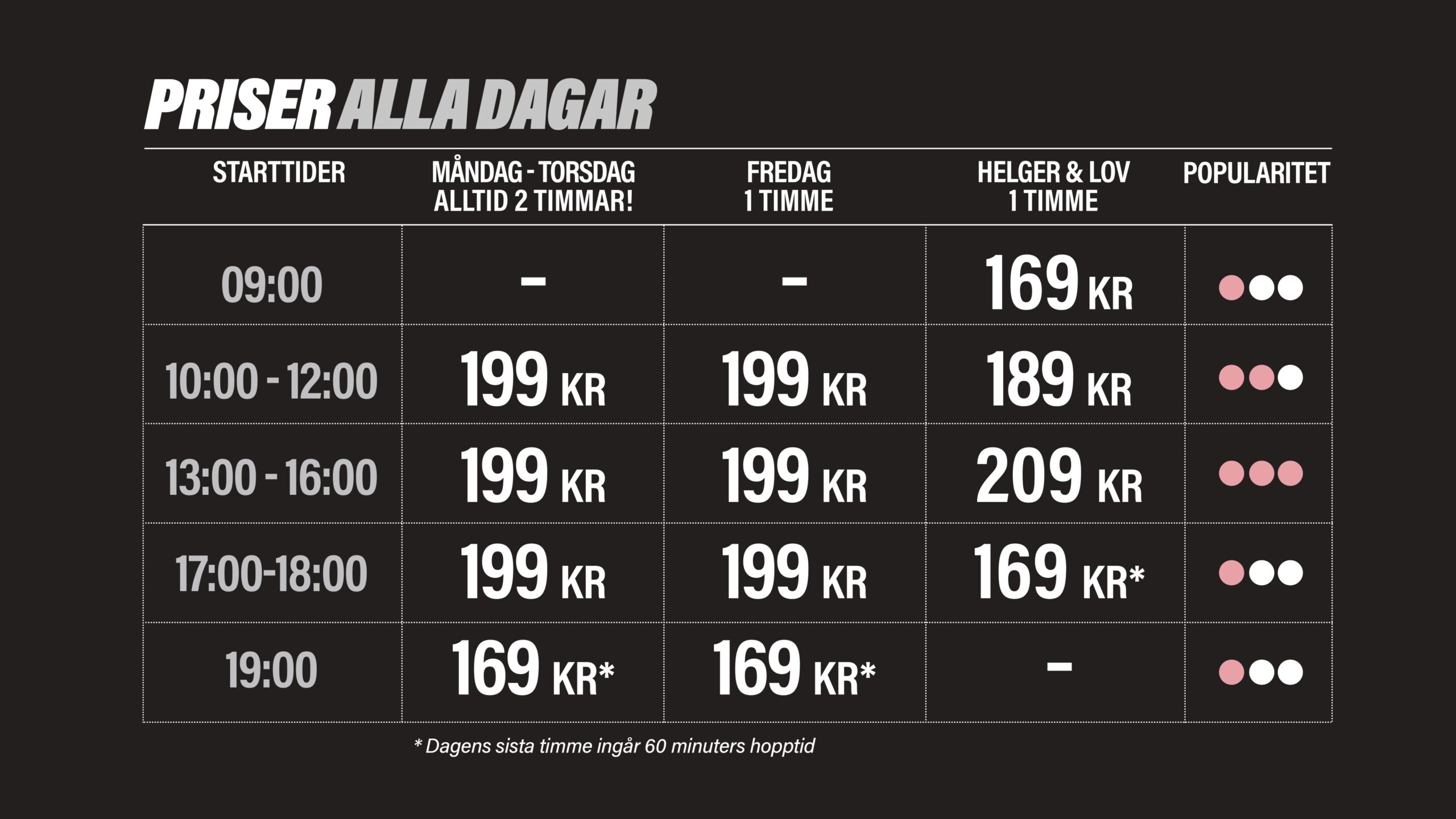 Prislista för hopptid i Barkarby, flexibla priser